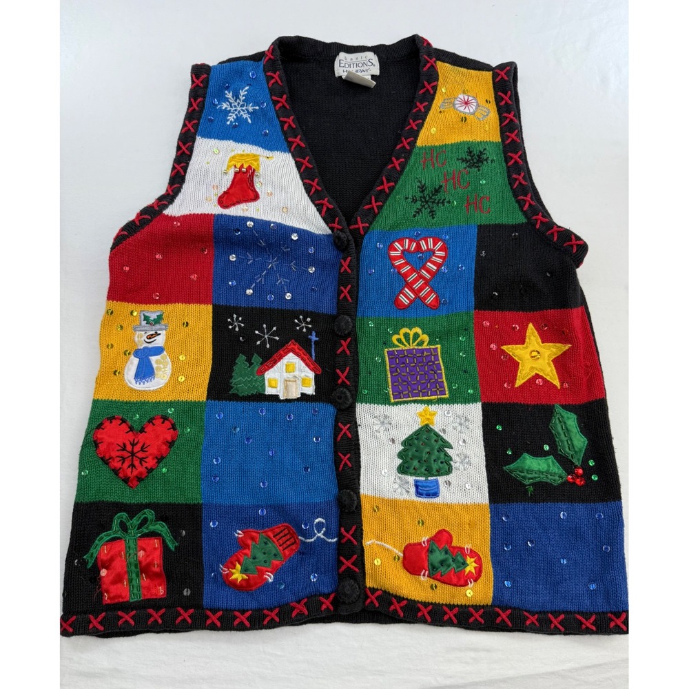 Basic Editions Holiday Womens Large Patchwork Ugly Christmas Sweater Vest Sequin
